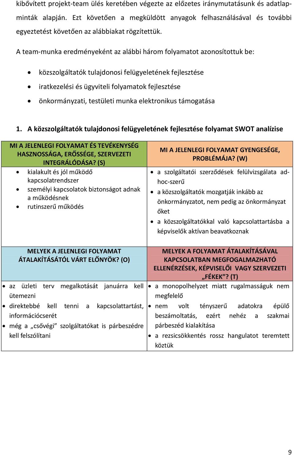 A team-munka eredményeként az alábbi három folyamatot azonosítottuk be: közszolgáltatók tulajdonosi felügyeletének fejlesztése iratkezelési és ügyviteli folyamatok fejlesztése önkormányzati,