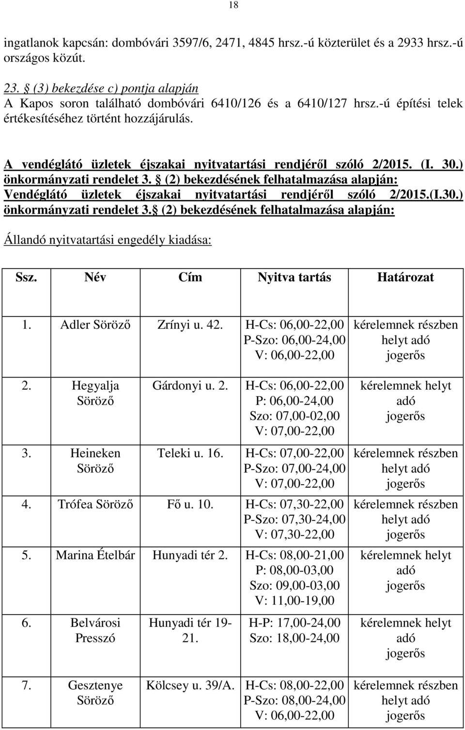 A vendéglátó üzletek éjszakai nyitvatartási rendjéről szóló 2/2015. (I. 30.) önkormányzati rendelet 3.