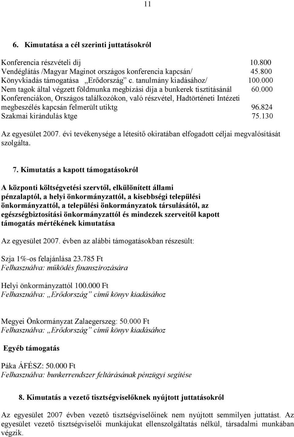 000 Konferenciákon, Országos találkozókon, való részvétel, Hadtörténeti Intézeti megbeszélés kapcsán felmerült utiktg 96.824 Szakmai kirándulás ktge 75.130 Az egyesület 2007.