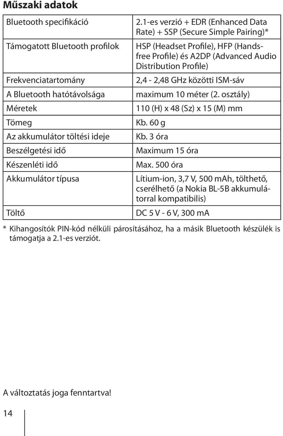 Frekvenciatartomány 2,4-2,48 GHz közötti ISM-sáv A Bluetooth hatótávolsága maximum 10 méter (2. osztály) Méretek 110 (H) x 48 (Sz) x 15 (M) mm Tömeg Kb. 60 g Az akkumulátor töltési ideje Kb.