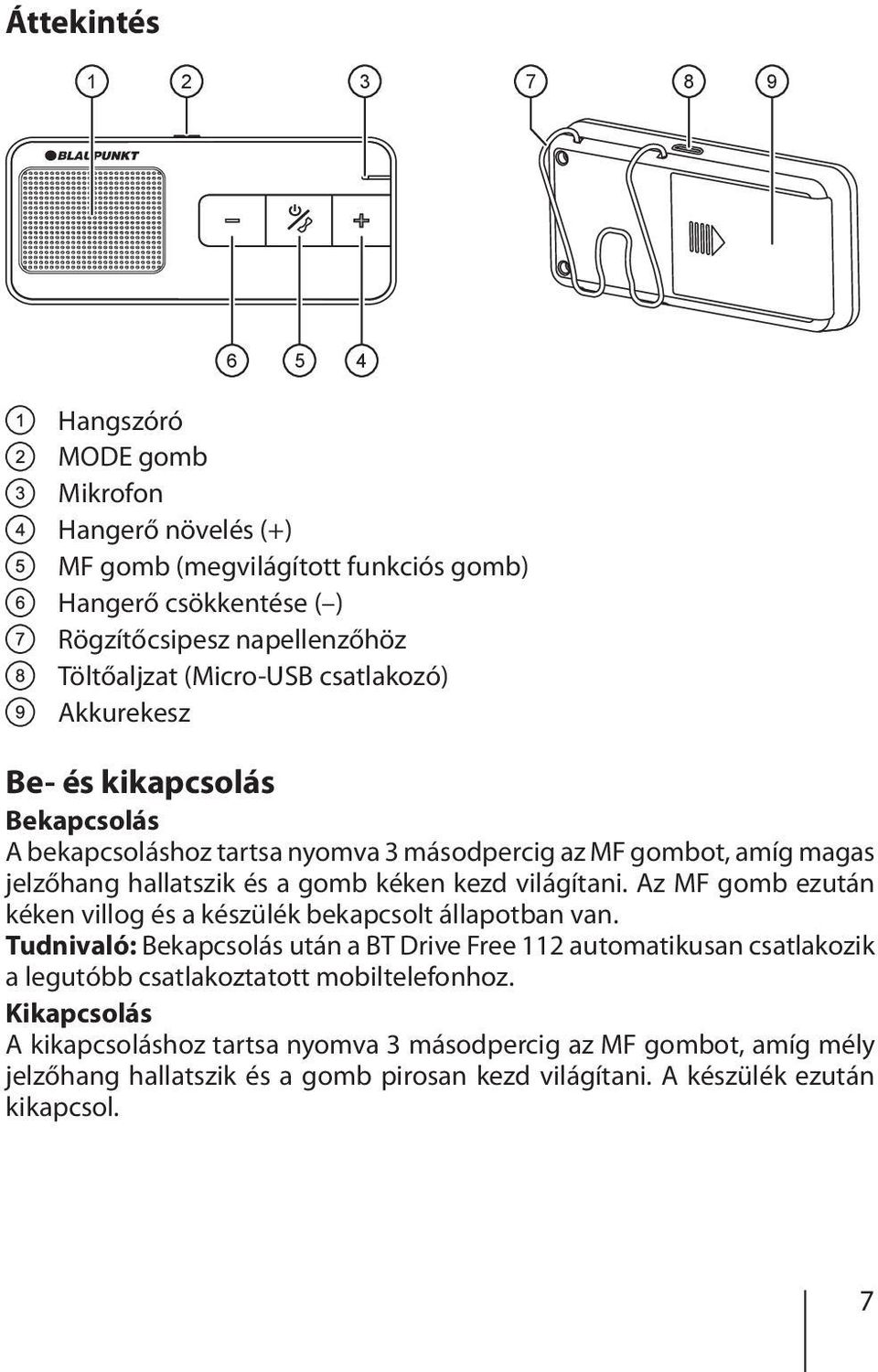 világítani. Az MF gomb ezután kéken villog és a készülék bekapcsolt állapotban van.