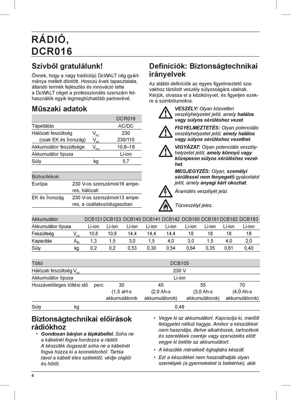 Műszaki adatok DCR016 Tápellátás AC/DC Hálózati feszültség V AC 230 (csak EK és Írország) V AC 230/110 Akkumulátor feszültsége V DC 10,8 18 Akkumulátor típusa Li-ion Súly kg 5,7 Biztosítékok: Európa