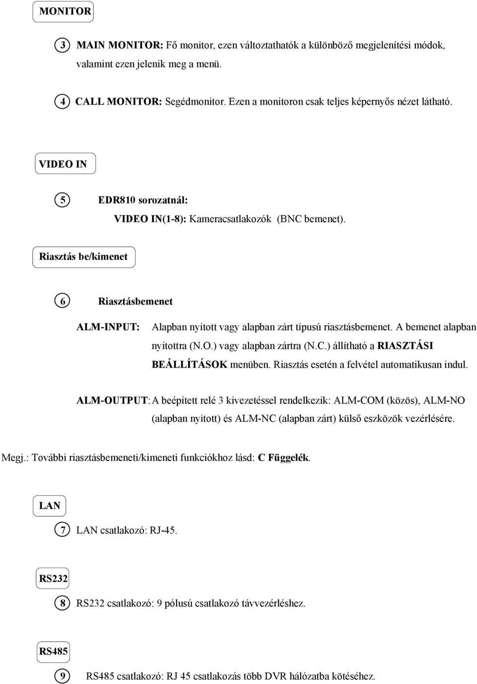 Riasztás be/kimenet 6 Riasztásbemenet ALM-INPUT: Alapban nyitott vagy alapban zárt típusú riasztásbemenet. A bemenet alapban nyitottra (N.O.) vagy alapban zártra (N.C.