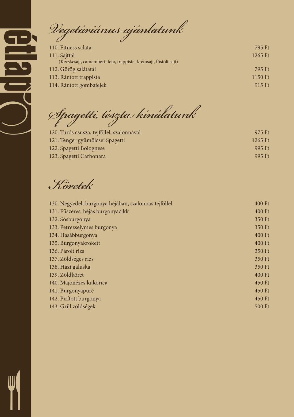 Spagetti Carbonara 995 Ft Köretek 130. Negyedelt burgonya héjában, szalonnás tejföllel 400 Ft 131. Fűszeres, héjas burgonyacikk 400 Ft 132. Sósburgonya 350 Ft 133. Petrezselymes burgonya 350 Ft 134.