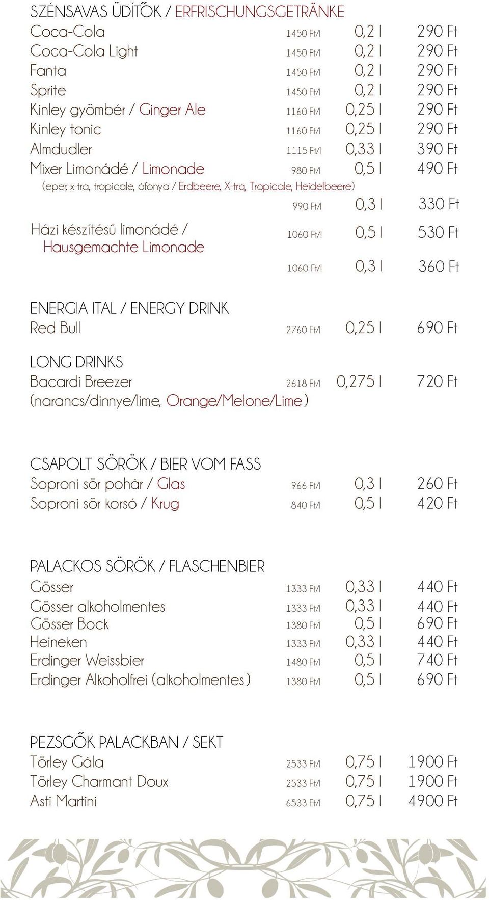 Ft ENERGIA ITAL / ENERGY DRINK Red Bull 2760 Ft/l 0,25 l LONG DRINKS Bacardi Breezer (narancs/dinnye/lime, Orange/Melone/Lime) 2618 Ft/l 0,275 l 720 Ft CSAPOLT SÖRÖK / BIER VOM FASS Soproni sör pohár