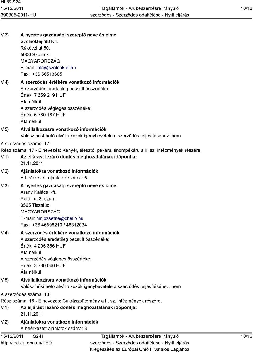 finompékáru a II. sz. intézmények részére. A beérkezett ajánlatok száma: 6 Arany Kalács Kft. Petőfi út 3. szám 3565 Tiszalúc E-mail: hir.