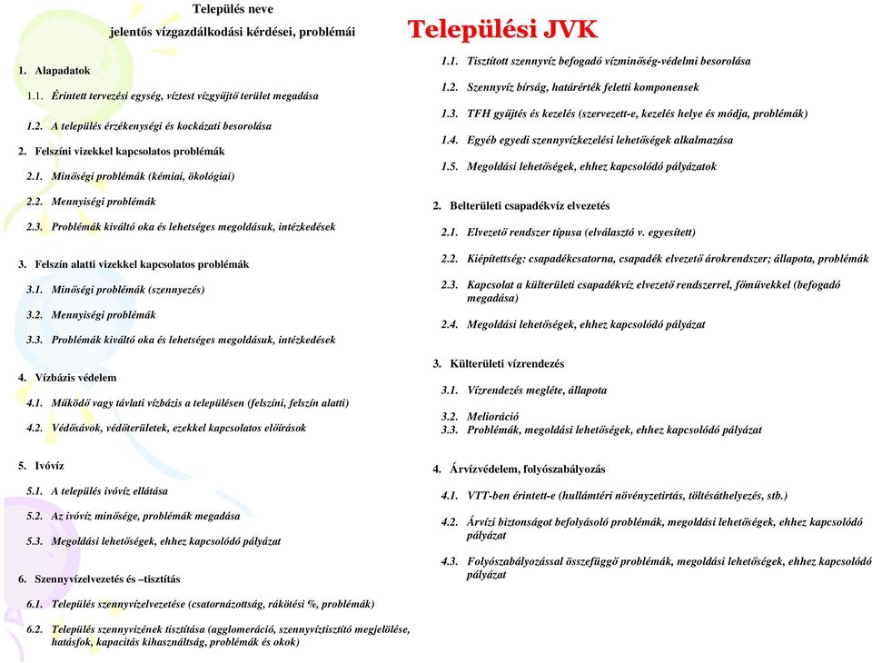 Felszín alatti vizekkel kapcsolatos problémák 3.1. Minıségi problémák (szennyezés) 3.2. Mennyiségi problémák 3.3. Problémák kiváltó oka és lehetséges megoldásuk, intézkedések 4. Vízbázis védelem 4.1. Mőködı vagy távlati vízbázis a településen (felszíni, felszín alatti) 4.