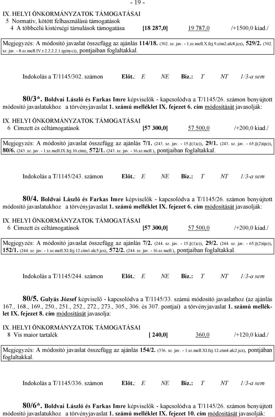 számon Előt.: E NE Biz.: T NT 1/3-a sem 80/3*. Boldvai László és Farkas Imre képviselők - kapcsolódva a T/1145/26. számon benyújtott módosító javaslatukhoz a törvényjavaslat 1. számú melléklet IX.