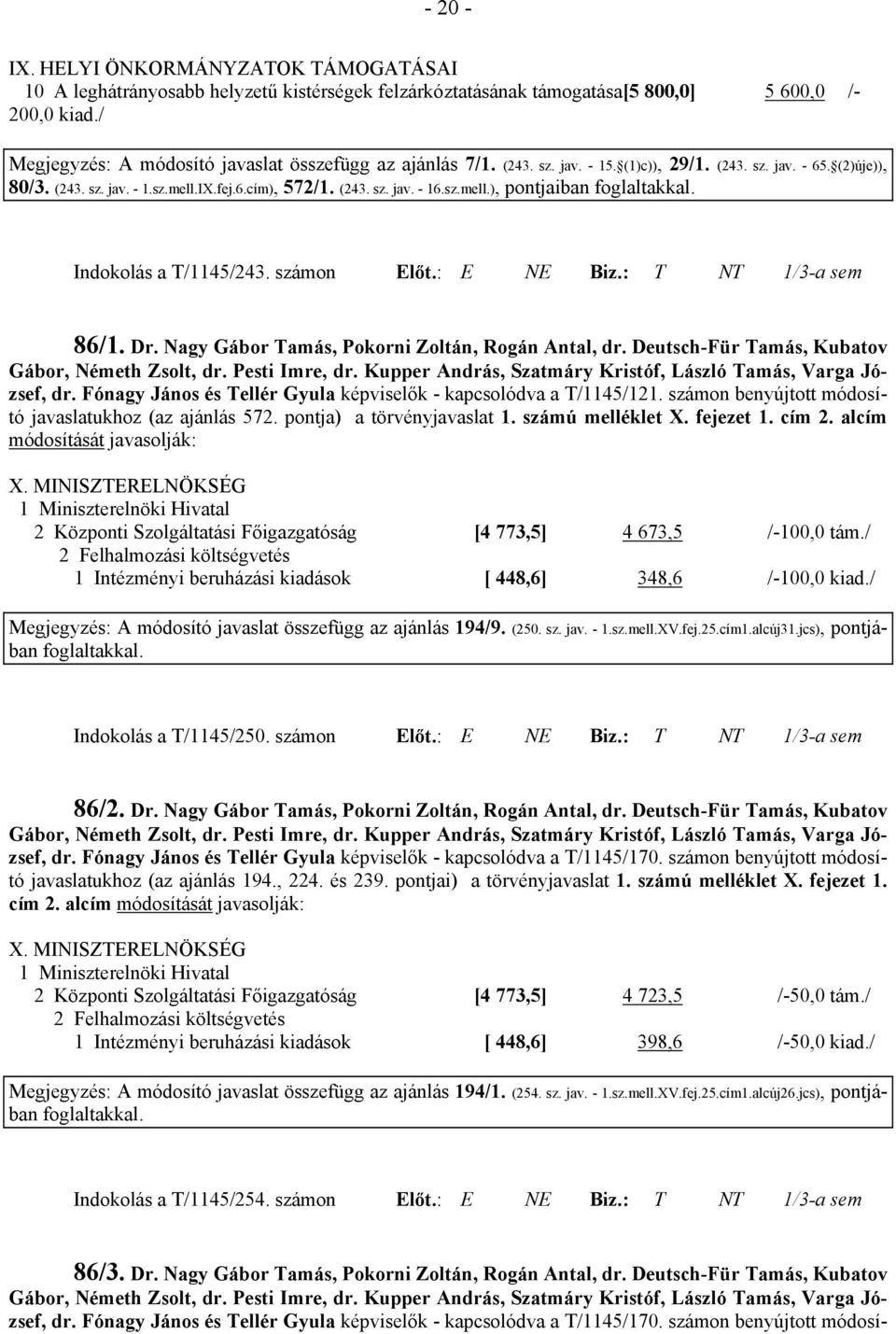 sz.mell.), pontjaiban Indokolás a T/1145/243. számon Előt.: E NE Biz.: T NT 1/3-a sem 86/1. Dr. Nagy Gábor Tamás, Pokorni Zoltán, Rogán Antal, dr. Deutsch-Für Tamás, Kubatov Gábor, Németh Zsolt, dr.