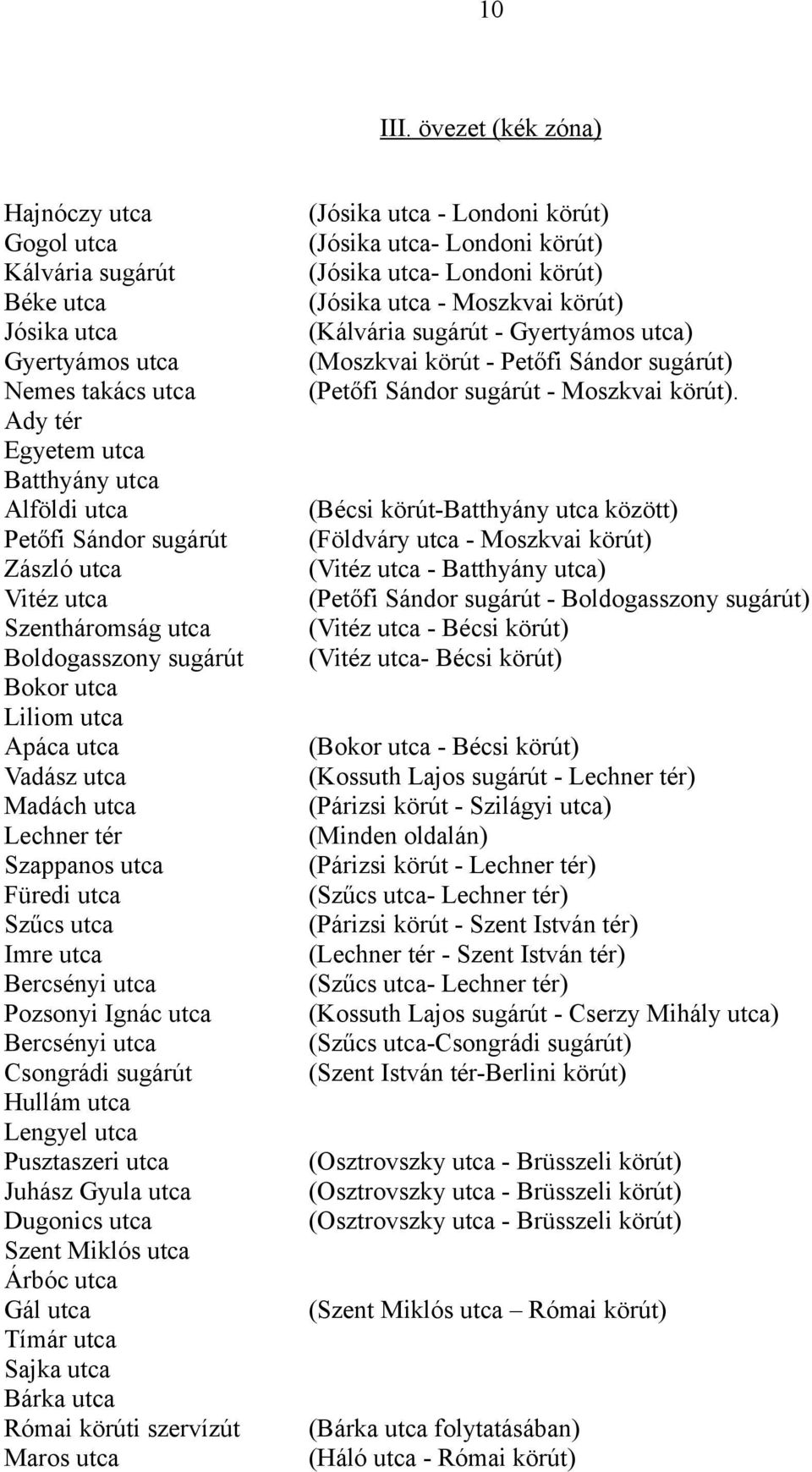 Vitéz utca Szentháromság utca Boldogasszony sugárút Bokor utca Liliom utca Apáca utca Vadász utca Madách utca Lechner tér Szappanos utca Füredi utca Szűcs utca Imre utca Bercsényi utca Pozsonyi Ignác