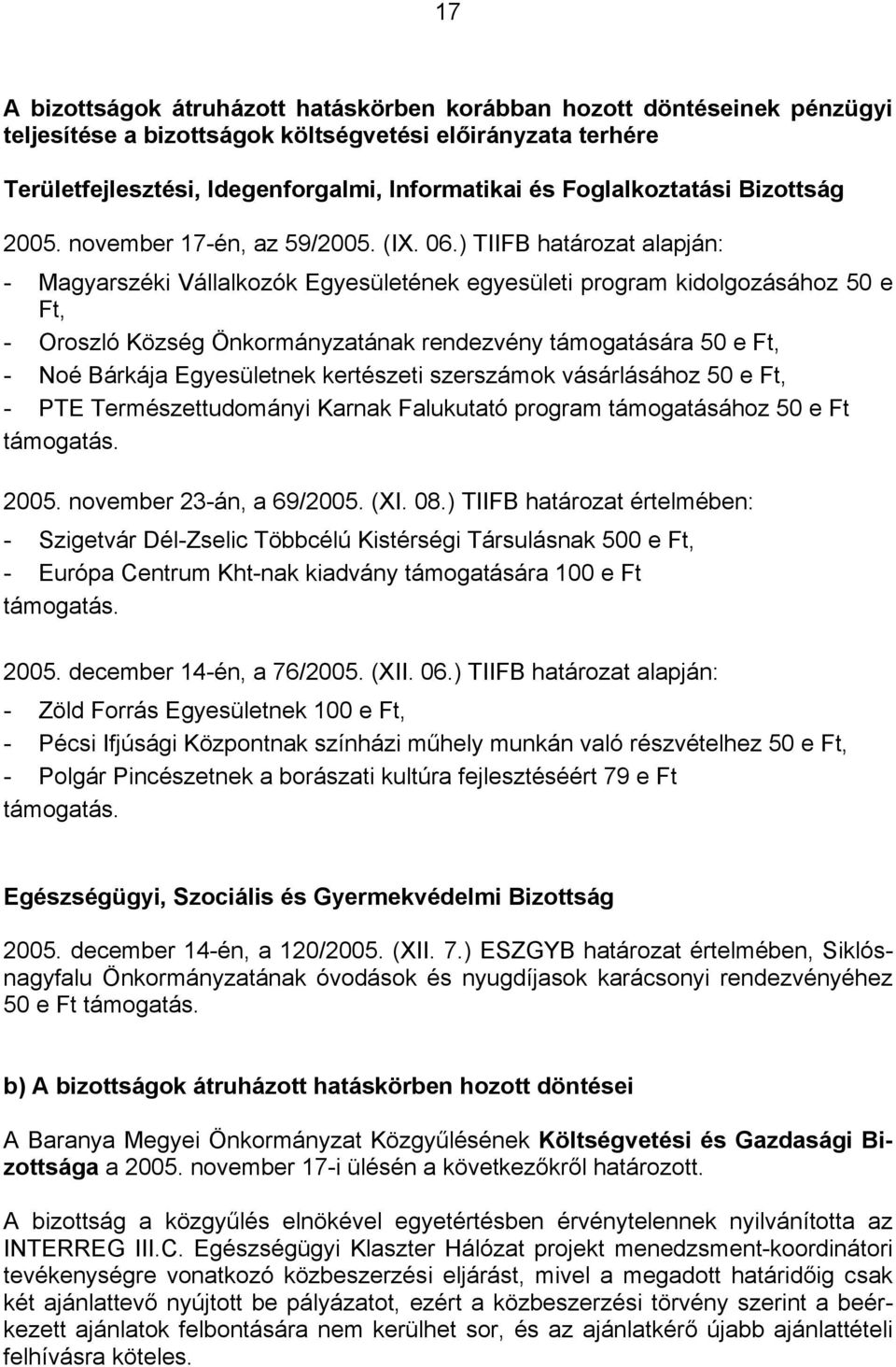 ) TIIFB határozat alapján: - Magyarszéki Vállalkozók Egyesületének egyesületi program kidolgozásához 50 e Ft, - Oroszló Község Önkormányzatának rendezvény támogatására 50 e Ft, - Noé Bárkája