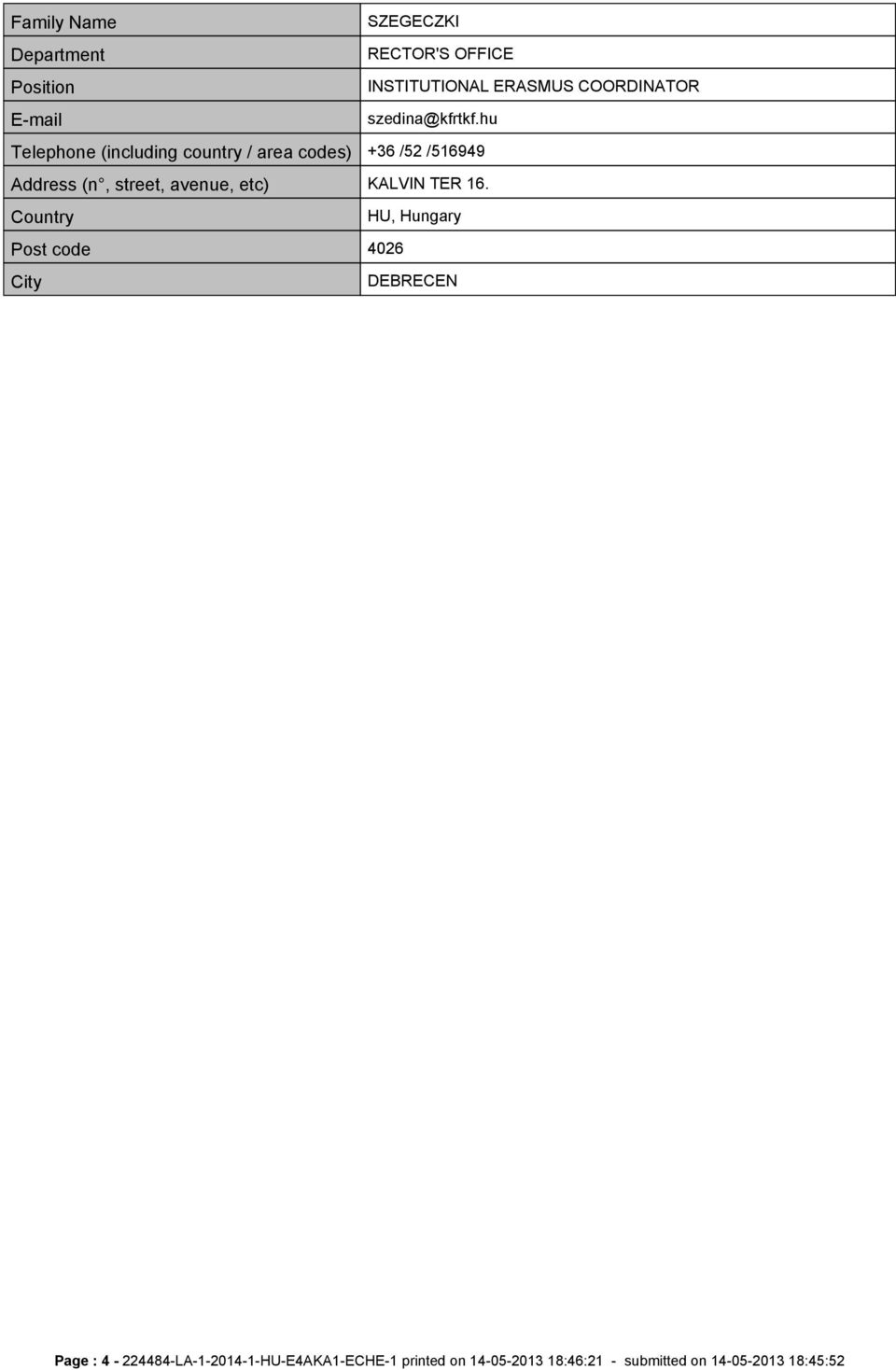 hu Telephone (including country / area codes) +36 /52 /516949 Address (n, street, avenue, etc)