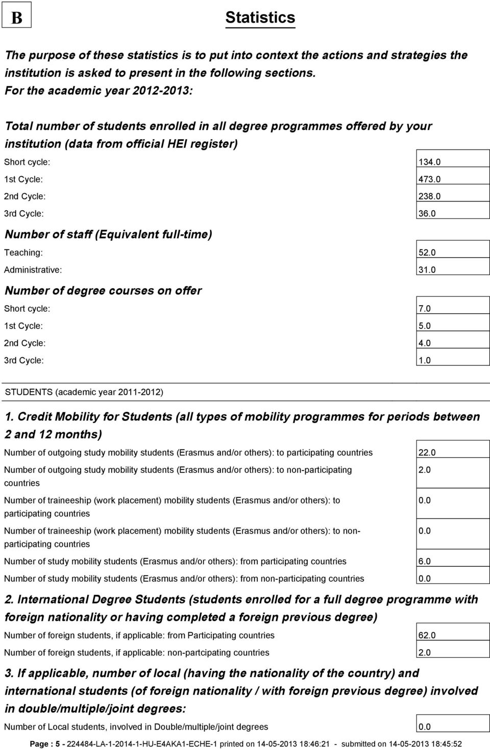 0 2nd Cycle: 238.0 3rd Cycle: 36.0 Number of staff (Equivalent full-time) Teaching: 52.0 Administrative: 31.0 Number of degree courses on offer Short cycle: 7.0 1st Cycle: 5.0 2nd Cycle: 4.