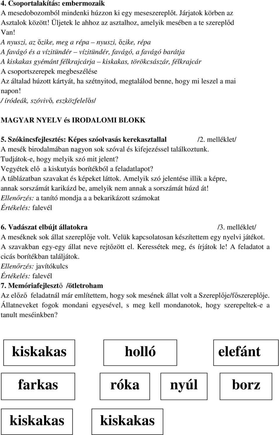 megbeszélése Az általad húzott kártyát, ha szétnyitod, megtalálod benne, hogy mi leszel a mai napon! / íródeák, szóvivı, eszközfelelıs/ MAGYAR NYELV és IRODALOMI BLOKK 5.