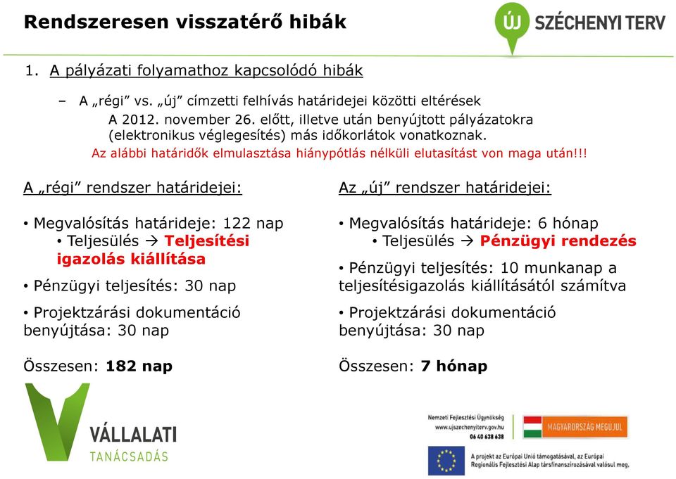 !! A régi rendszer határidejei: Megvalósítás határideje: 122 nap Teljesülés Teljesítési igazolás kiállítása Pénzügyi teljesítés: 30 nap Projektzárási dokumentáció benyújtása: 30 nap Összesen: