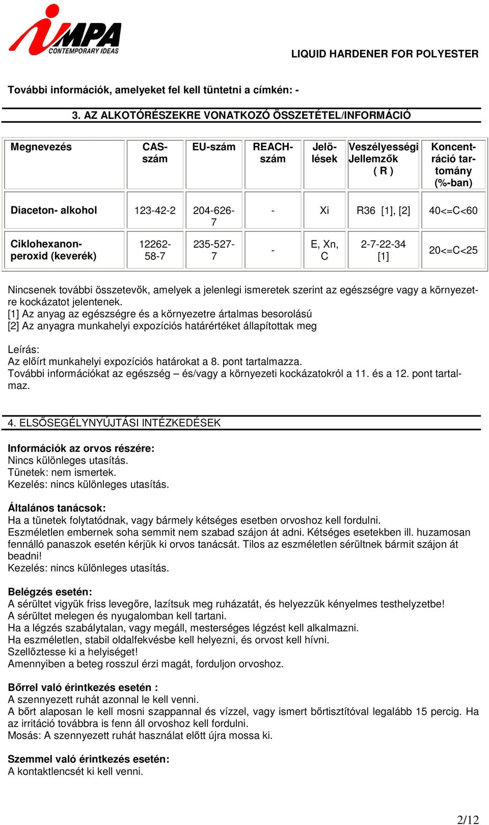 Xi R36 [1], [2] 40<=C<60 Ciklohexanonperoxid (keverék) 12262-58-7 235-527- 7 - E, Xn, C 2-7-22-34 [1] 20<=C<25 Nincsenek további összetevők, amelyek a jelenlegi ismeretek szerint az egészségre vagy a