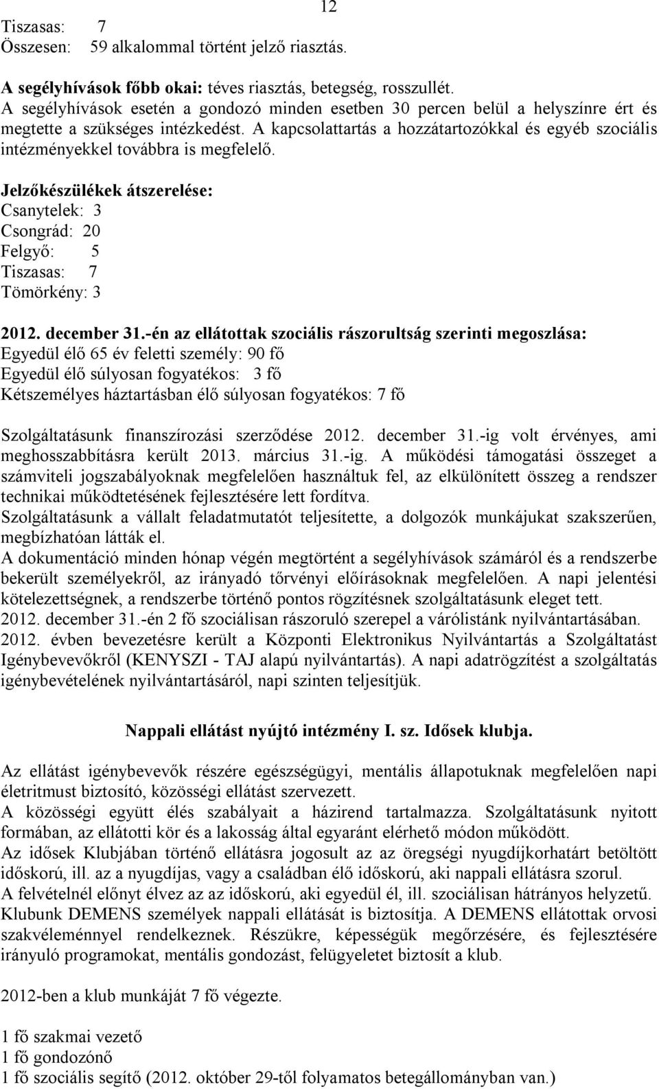 A kapcsolattartás a hozzátartozókkal és egyéb szociális intézményekkel továbbra is megfelelő. Jelzőkészülékek átszerelése: Csanytelek: 3 Csongrád: 20 Felgyő: 5 Tiszasas: 7 Tömörkény: 3 2012.