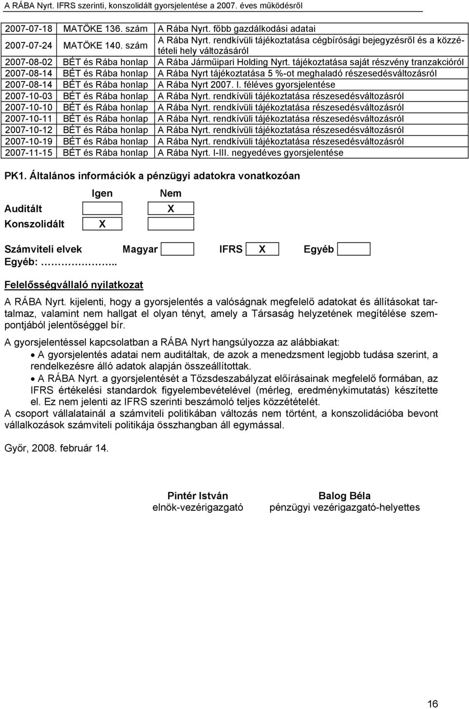 féléves gyorsjelentése 2007-10-03 BÉT és Rába honlap A Rába Nyrt. rendkívüli tájékoztatása részesedésváltozásról 2007-10-10 BÉT és Rába honlap A Rába Nyrt.