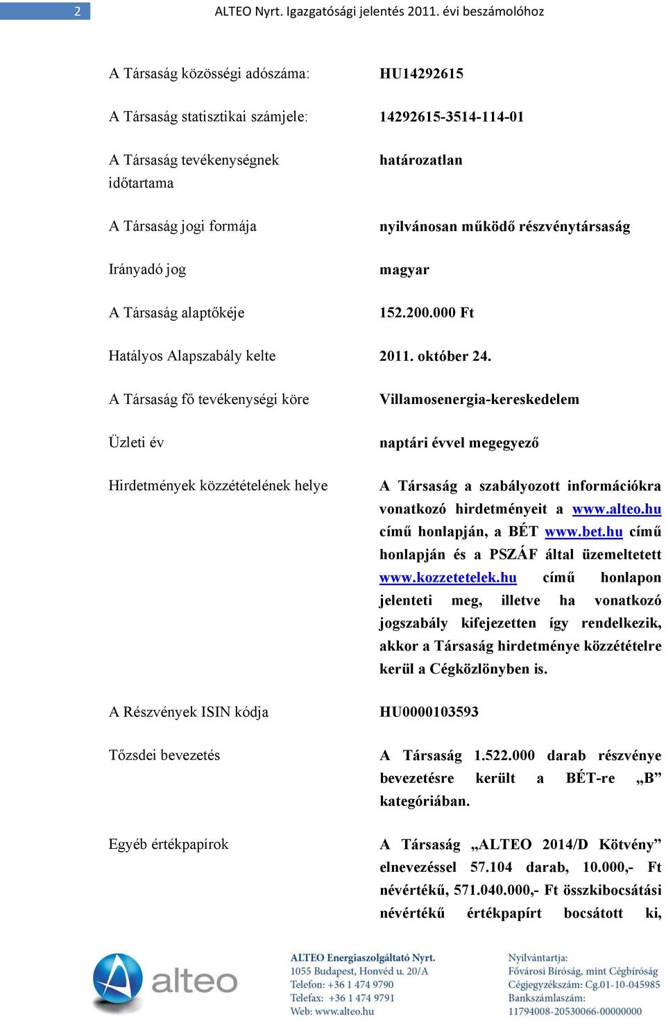 működő részvénytársaság Irányadó jog magyar A Társaság alaptőkéje 152.200.000 Ft Hatályos Alapszabály kelte 2011. október 24.