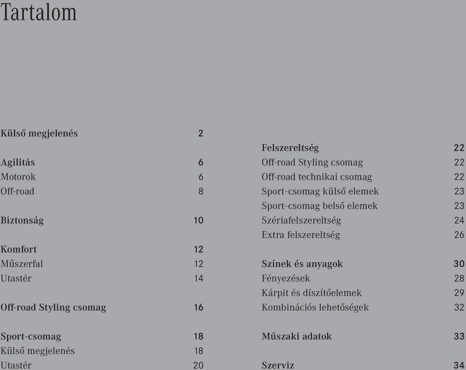 technikai csomag 22 Sport - csomag külső elemek 23 Sport - csomag belső elemek 23 Szériafelszereltség 24 Extra