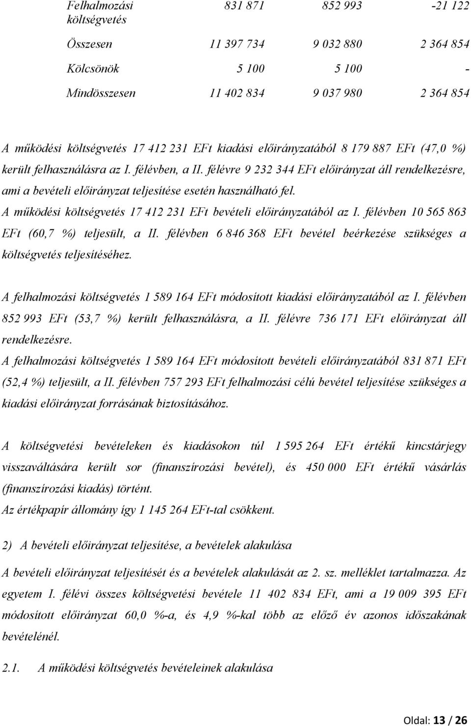 félévre 9 232 344 EFt előirányzat áll rendelkezésre, ami a bevételi előirányzat teljesítése esetén használható fel. A működési költségvetés 17 412 231 EFt bevételi előirányzatából az I.