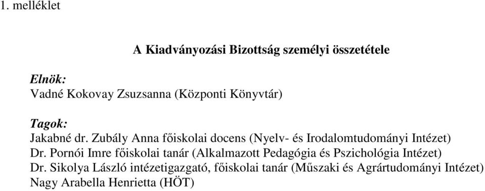 Zubály Anna főiskolai docens (Nyelv- és Irodalomtudományi Intézet) Dr.