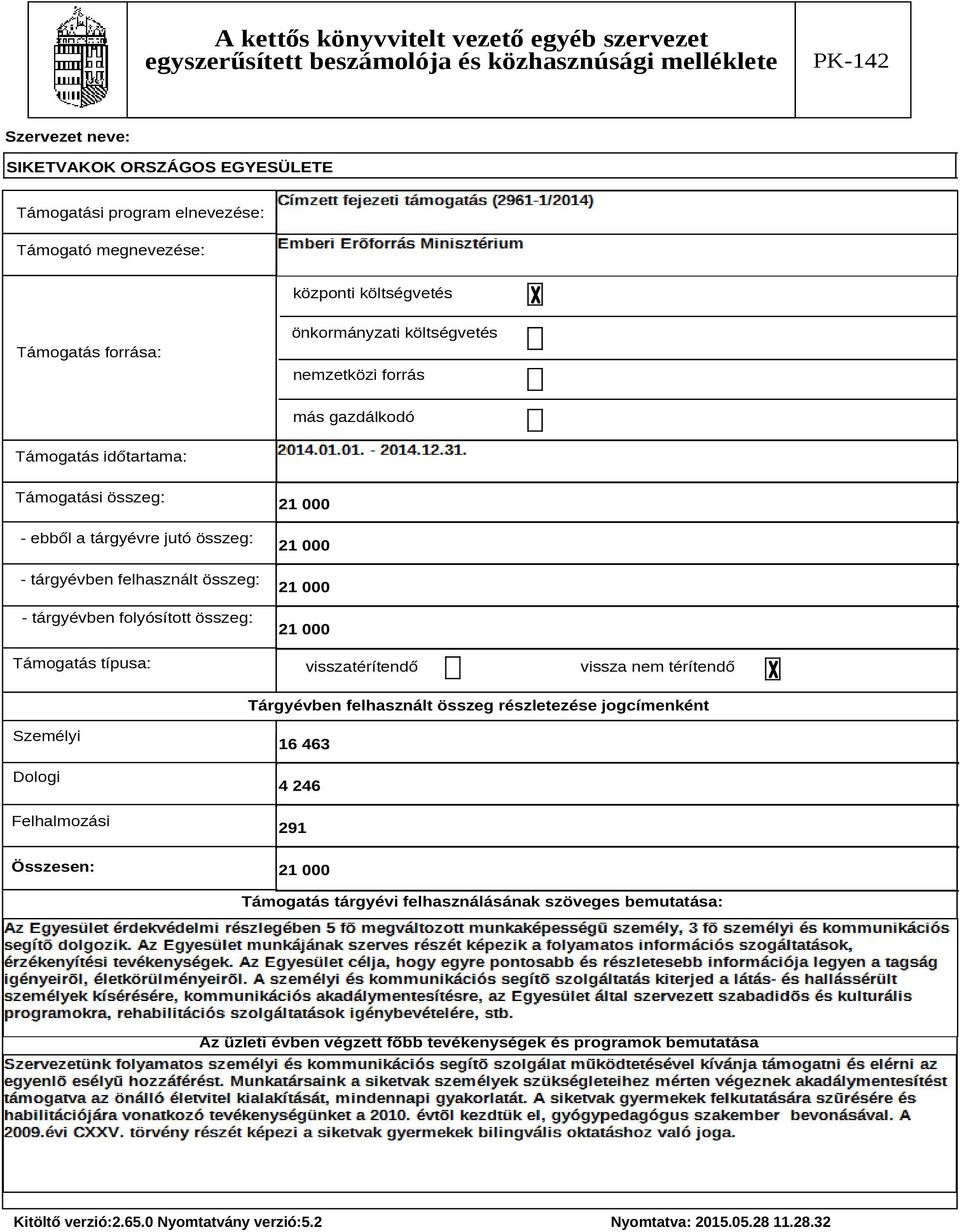 típusa: 21 000 21 000 21 000 21 000 visszatérítendő vissza nem térítendő Tárgyévben felhasznált összeg részletezése jogcímenként Személyi Dologi