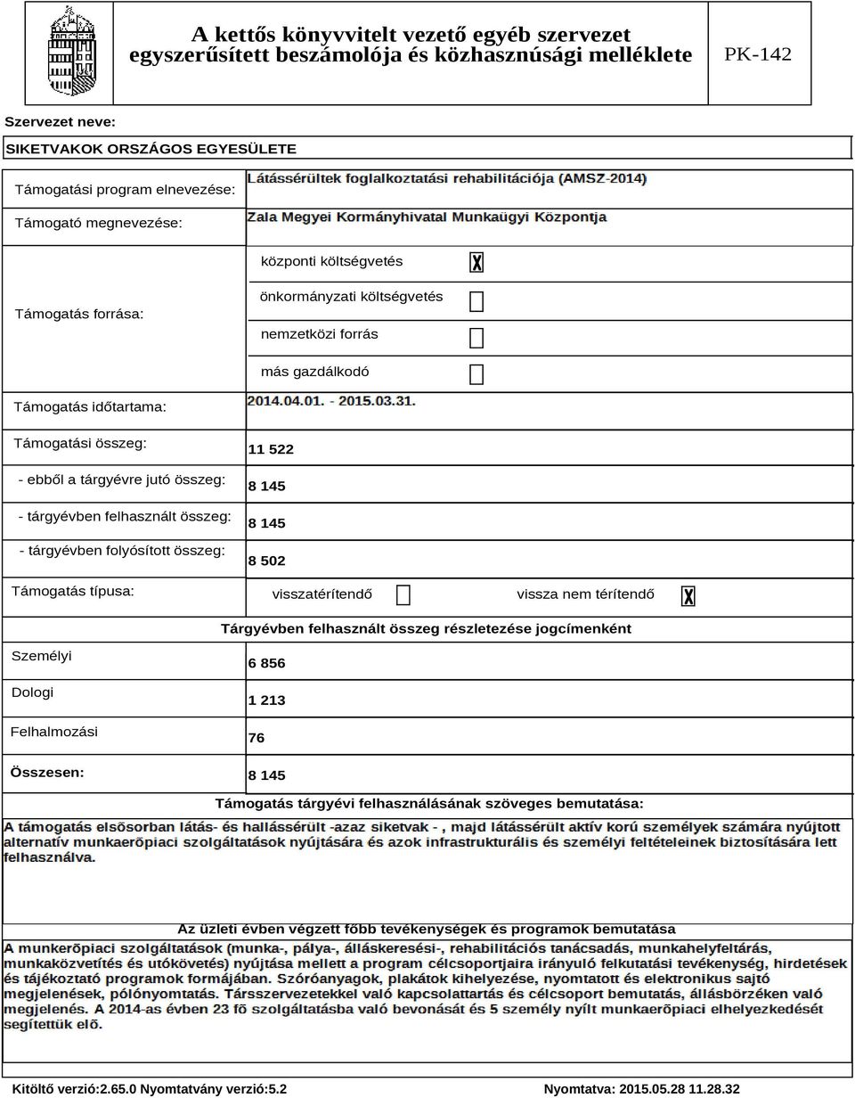 típusa: 11 522 8 145 8 145 8 502 visszatérítendő vissza nem térítendő Tárgyévben felhasznált összeg részletezése jogcímenként Személyi Dologi