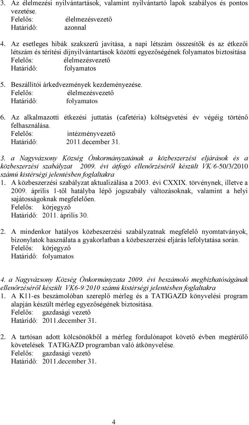 folyamatos 5. Beszállítói árkedvezmények kezdeményezése. Felelős: élelmezésvezető Határidő: folyamatos 6. Az alkalmazotti étkezési juttatás (cafetéria) költségvetési év végéig történő felhasználása.