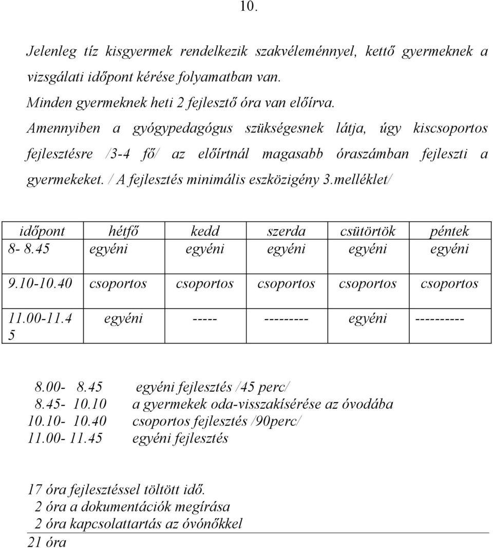 melléklet/ időpont hétfő kedd szerda csütörtök péntek 8-8.45 egyéni egyéni egyéni egyéni egyéni 9.10-10.40 csoportos csoportos csoportos csoportos csoportos 11.00-11.