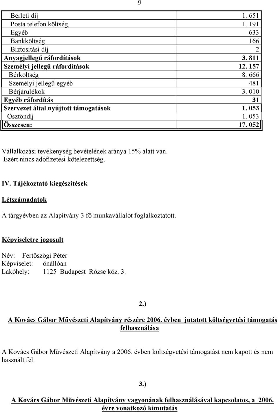 052 9 Vállalkozási tevékenység bevételének aránya 15% alatt van. Ezért nincs adófizetési kötelezettség. IV.