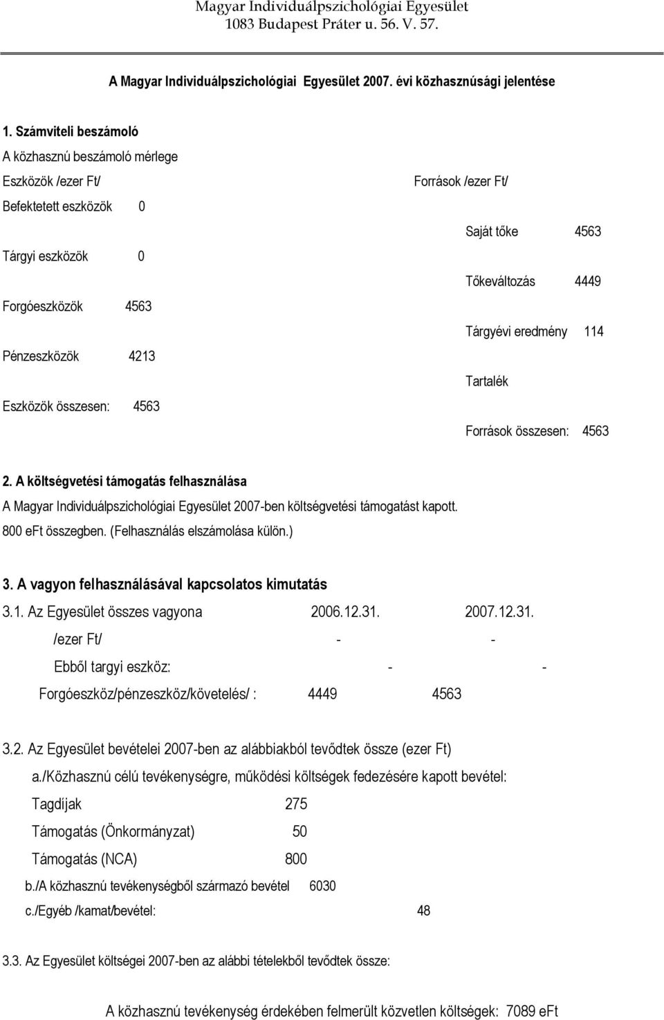 tıke 4563 Tıkeváltozás 4449 Tárgyévi eredmény 114 Tartalék Források összesen: 4563 2.