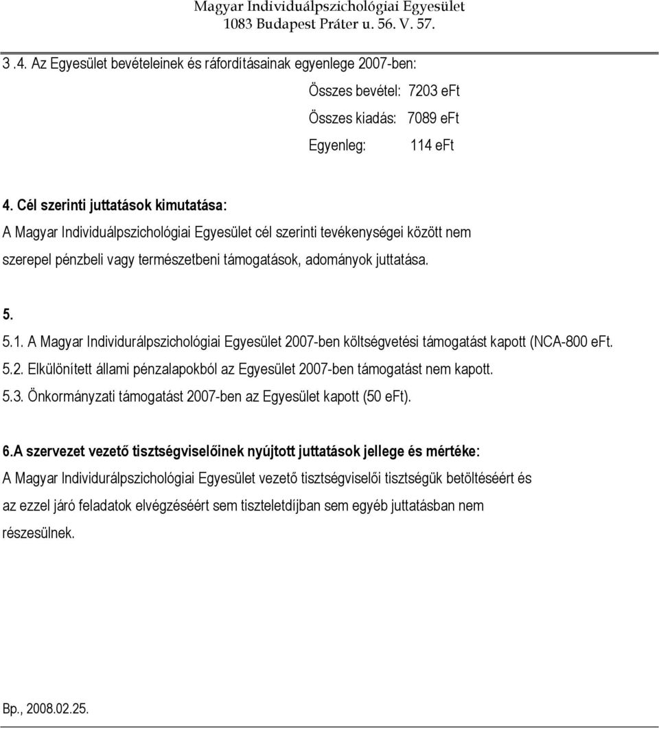 A Magyar Individurálpszichológiai Egyesület 2007-ben költségvetési támogatást kapott (NCA-800 eft. 5.2. Elkülönített állami pénzalapokból az Egyesület 2007-ben támogatást nem kapott. 5.3.