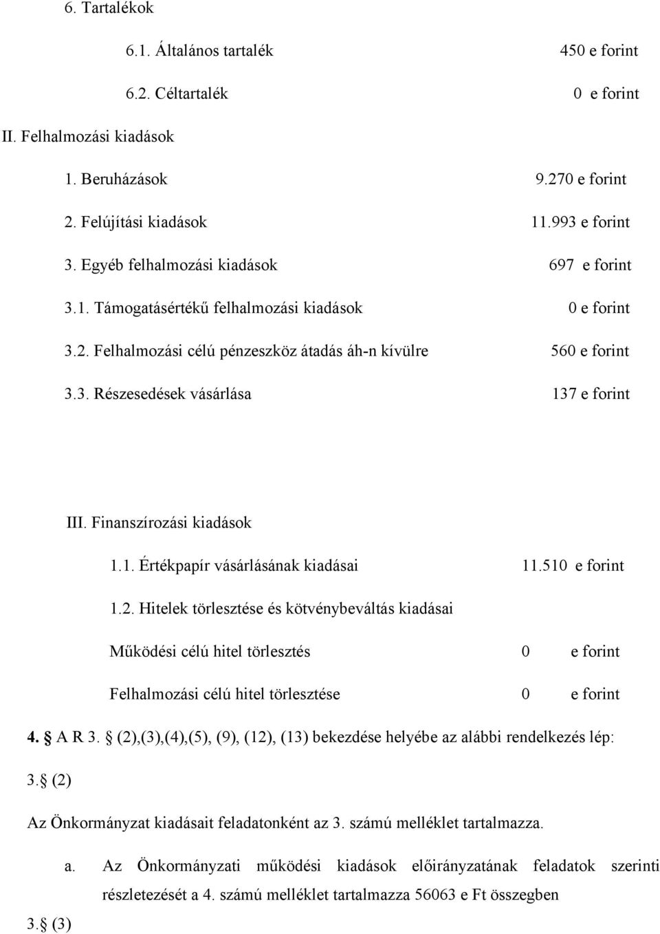 Finanszírozási kiadások 1.1. Értékpapír vásárlásának kiadásai 11.510 e forint 1.2.