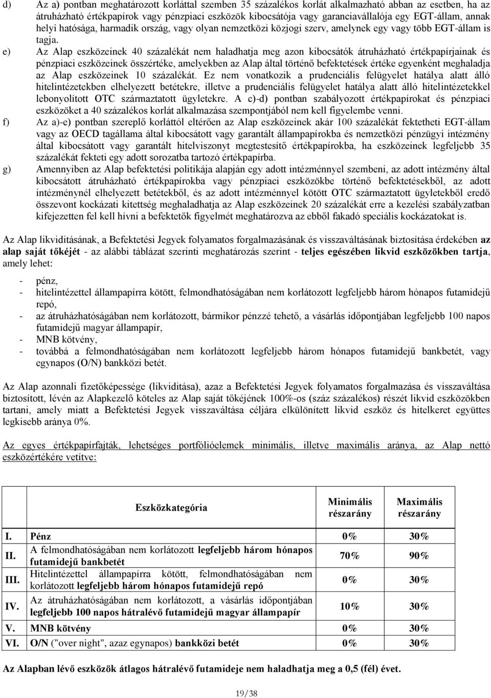 e) Az Alap eszközeinek 40 százalékát nem haladhatja meg azon kibocsátók átruházható értékpapírjainak és pénzpiaci eszközeinek összértéke, amelyekben az Alap által történő befektetések értéke