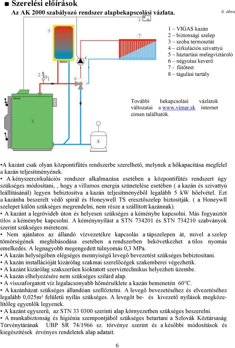változatai a www.vimar.sk internet címen találhatók. A kazánt csak olyan központifűtés rendszerbe szerelhető, melynek a hőkapacitása megfelel a kazán teljesítményének.