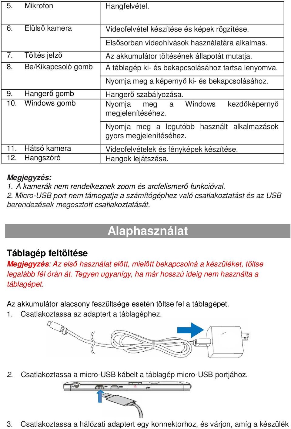 Windows gomb Nyomja meg a Windows kezdőképernyő megjelenítéséhez. Nyomja meg a legutóbb használt alkalmazások gyors megjelenítéséhez. 11. Hátsó kamera Videofelvételek és fényképek készítése. 12.