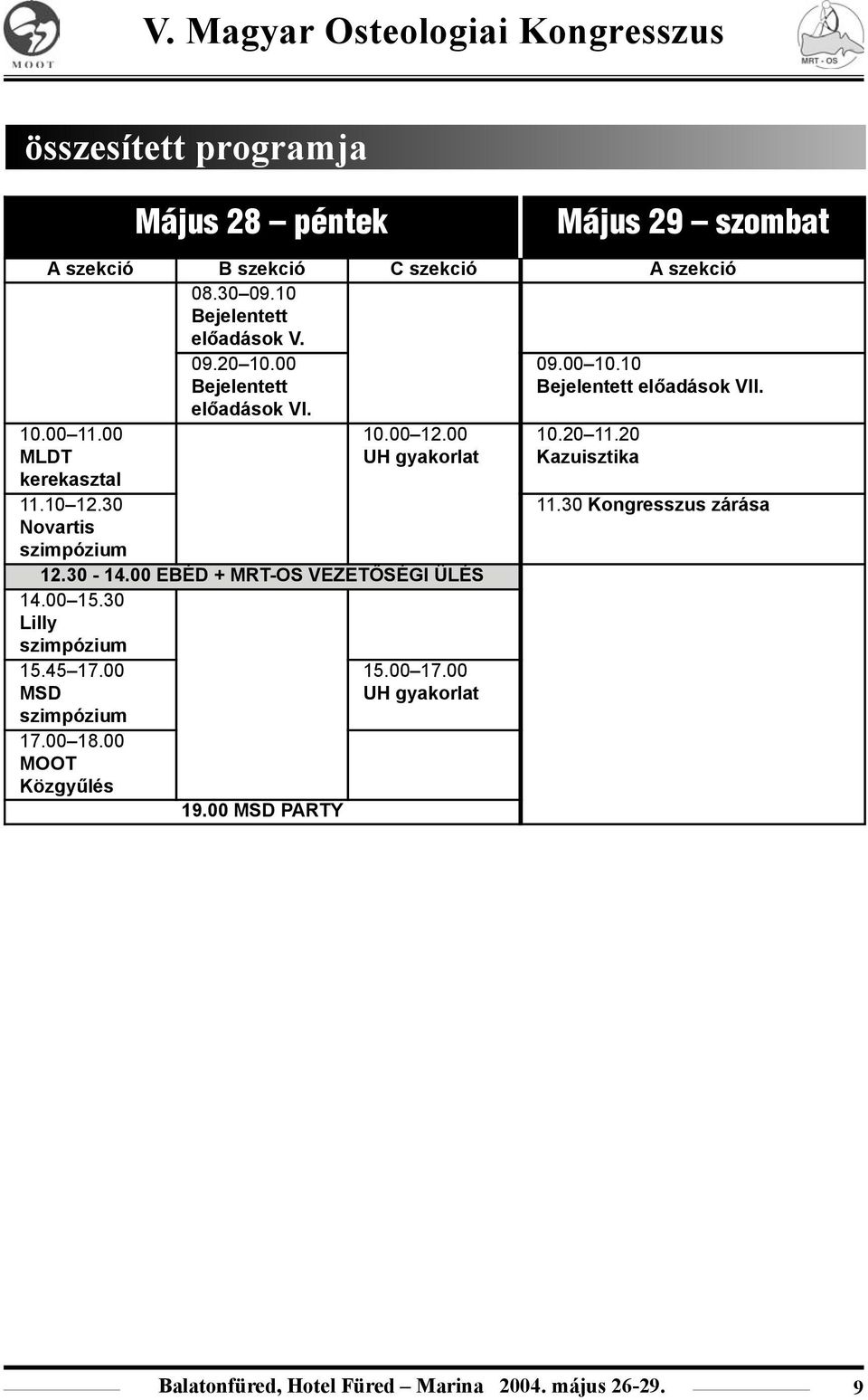 00 EBÉD + MRT-OS VEZETÕSÉGI ÜLÉS 14.00 15.30 Lilly szimpózium 15.45 17.00 MSD szimpózium 17.00 18.00 MOOT Közgyûlés 19.00 MSD PARTY 15.00 17.