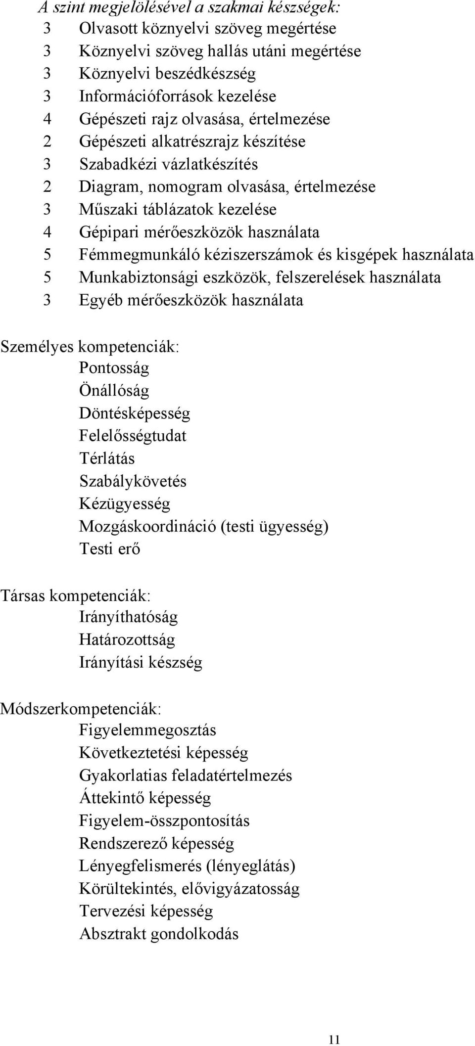 Fémmegmunkáló kéziszerszámok és kisgépek használata 5 Munkabiztonsági eszközök, felszerelések használata 3 Egyéb mérőeszközök használata Személyes kompetenciák: Pontosság Önállóság Döntésképesség