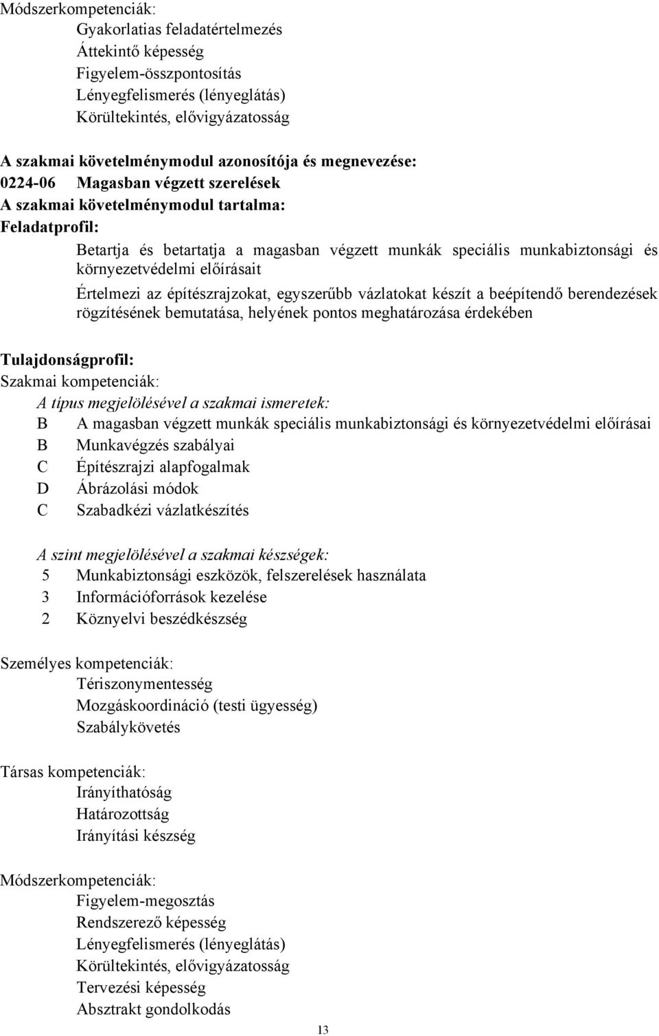 előírásait Értelmezi az építészrajzokat, egyszerűbb vázlatokat készít a beépítendő berendezések rögzítésének bemutatása, helyének pontos meghatározása érdekében Tulajdonságprofil: Szakmai