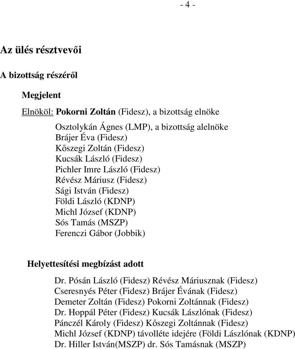 Helyettesítési megbízást adott Dr. Pósán László (Fidesz) Révész Máriusznak (Fidesz) Cseresnyés Péter (Fidesz) Brájer Évának (Fidesz) Demeter Zoltán (Fidesz) Pokorni Zoltánnak (Fidesz) Dr.