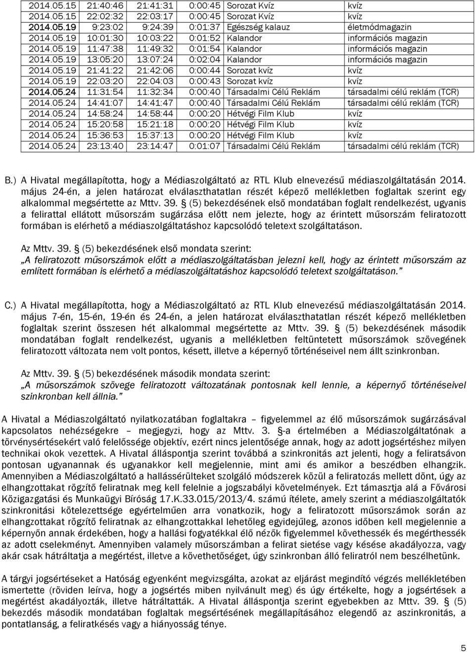 05.24 11:31:54 11:32:34 0:00:40 Társadalmi Célú Reklám társadalmi célú reklám (TCR) 2014.05.24 14:41:07 14:41:47 0:00:40 Társadalmi Célú Reklám társadalmi célú reklám (TCR) 2014.05.24 14:58:24 14:58:44 0:00:20 Hétvégi Film Klub kvíz 2014.