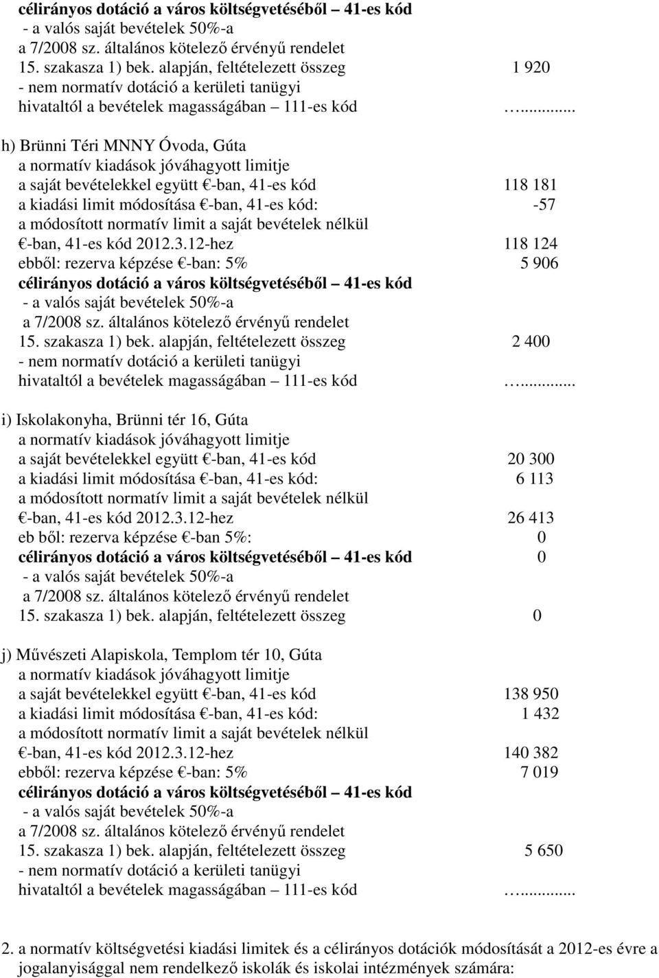 kód: -57 a módosított normatív limit a saját bevételek nélkül -ban, 41-es kód 2012.3.