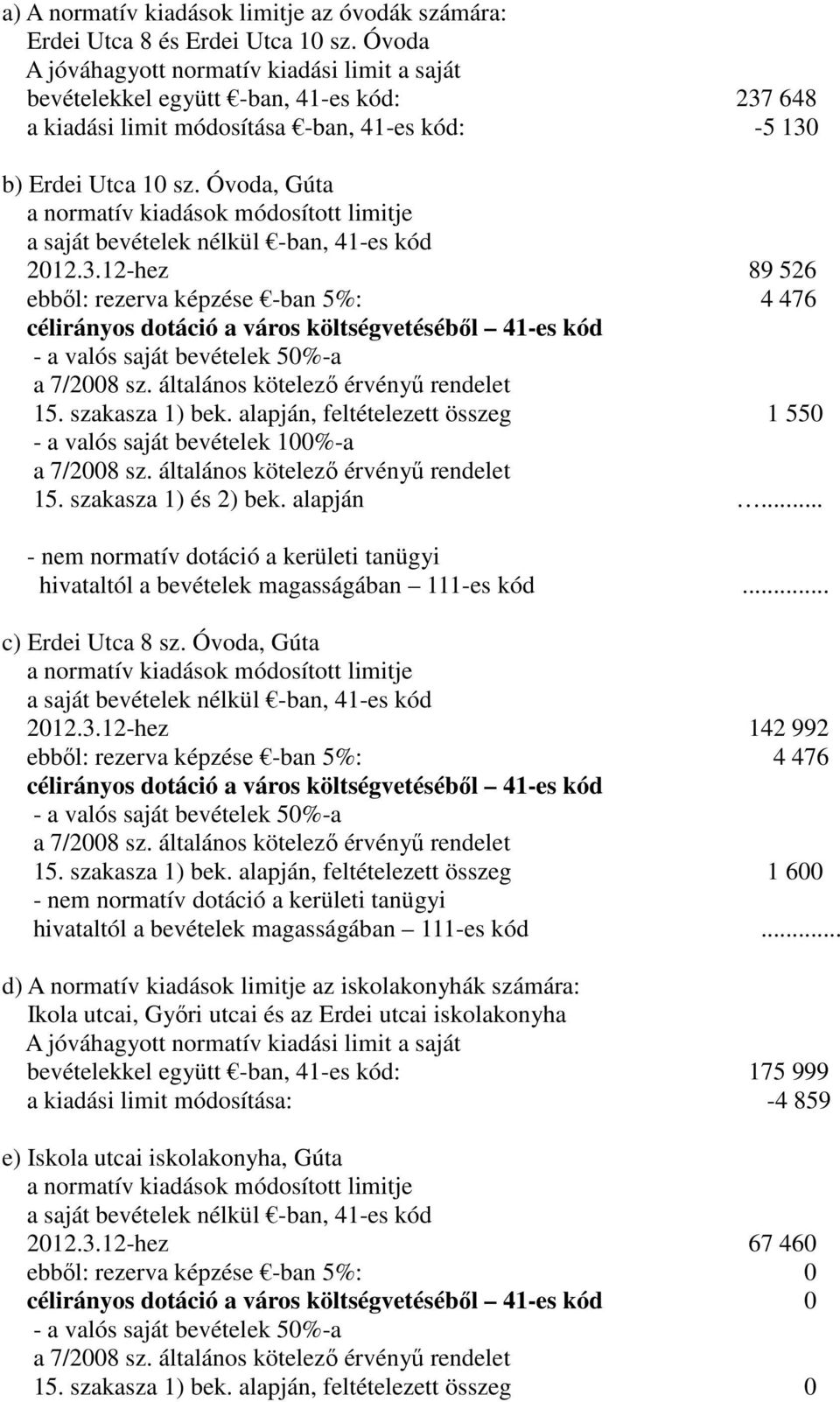 Óvoda, Gúta a saját bevételek nélkül -ban, 41-es kód 2012.3.12-hez 89 526 ebből: rezerva képzése -ban 5%: 4 476 15. szakasza 1) bek.