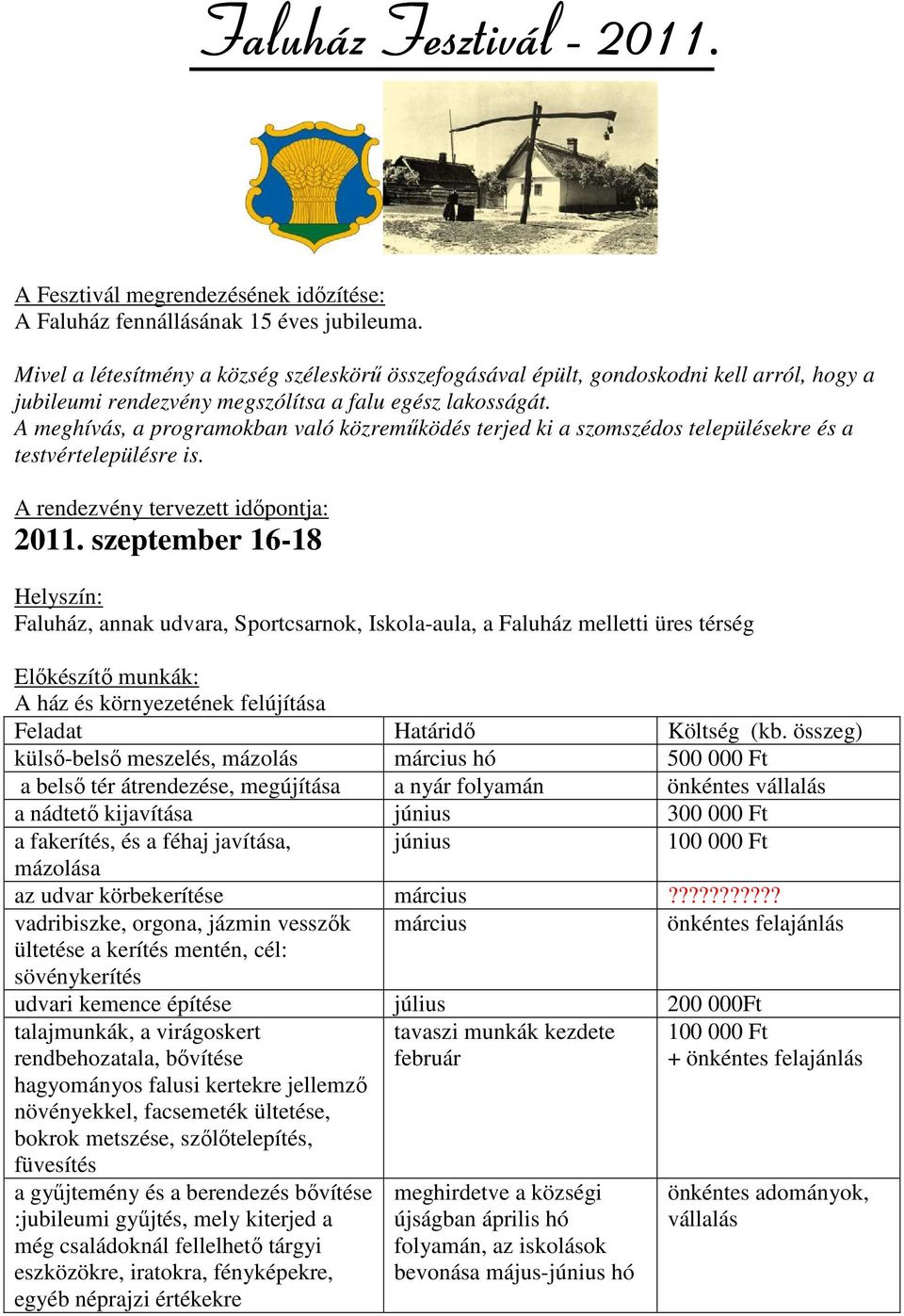 A meghívás, a programokban való közremőködés terjed ki a szomszédos településekre és a testvértelepülésre is. A rendezvény tervezett idıpontja: 2011.