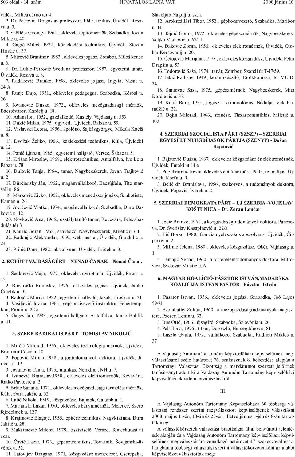 6. 6. Dr. Lukić-Petrović Svetlana professzor, 1957., egyetemi tanár, Újvidék, Resava u. 3. 7. Radaković Branko, 1958., okleveles jogász, Ingyia, Vasút u. 24.A 8. Runje Dujo, 1951.