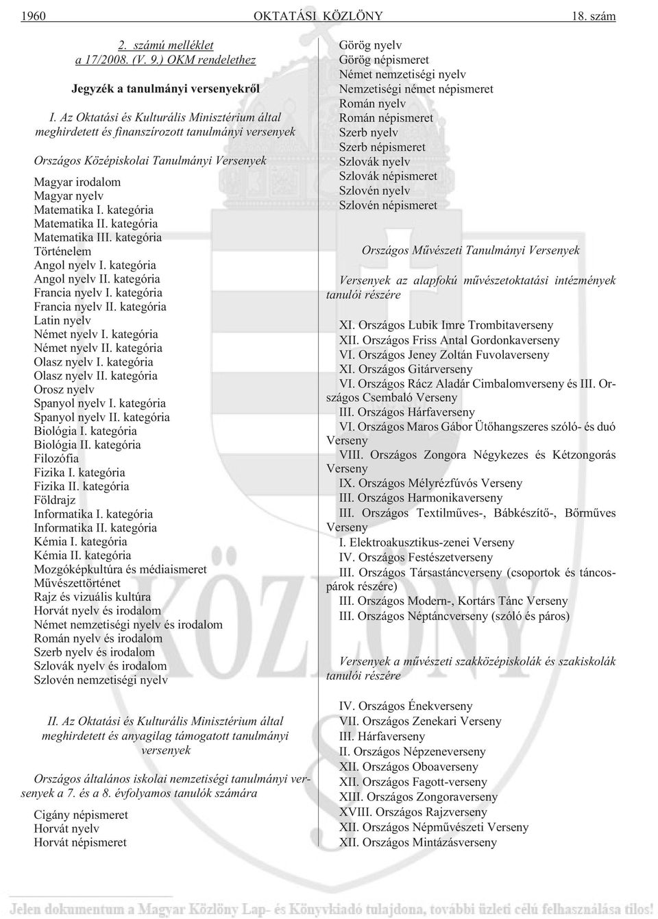 kategória Matematika II. kategória Matematika III. kategória Történelem Angol nyelv I. kategória Angol nyelv II. kategória Francia nyelv I. kategória Francia nyelv II.