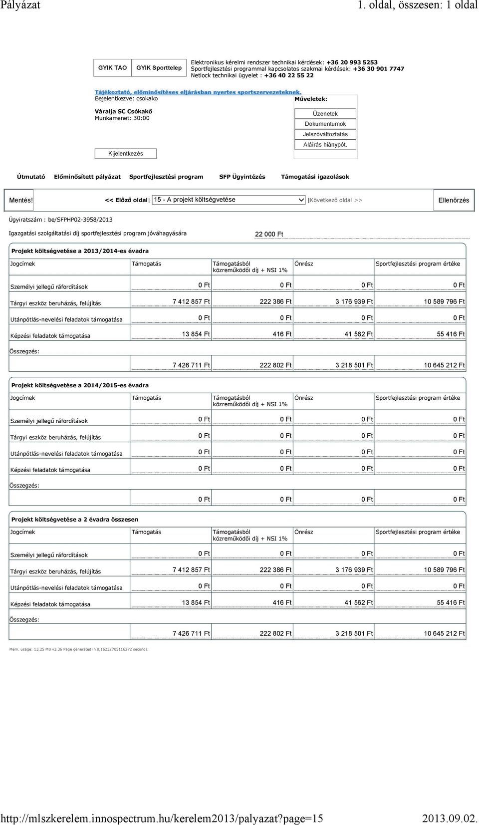 2013/2014-es évadra Jogcímek Támogatás Támogatásból közreműködői díj + NSI 1% Önrész Sportfejlesztési program értéke Személyi jellegű ráfordítások Tárgyi eszköz beruházás, felújítás