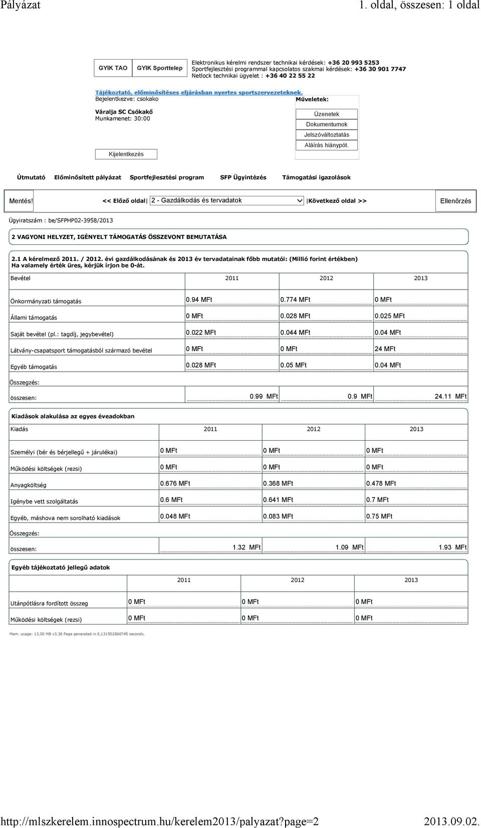 évi gazdálkodásának és 2013 év tervadatainak főbb mutatói: (Millió forint értékben) Ha valamely érték üres, kérjük írjon be 0-át.