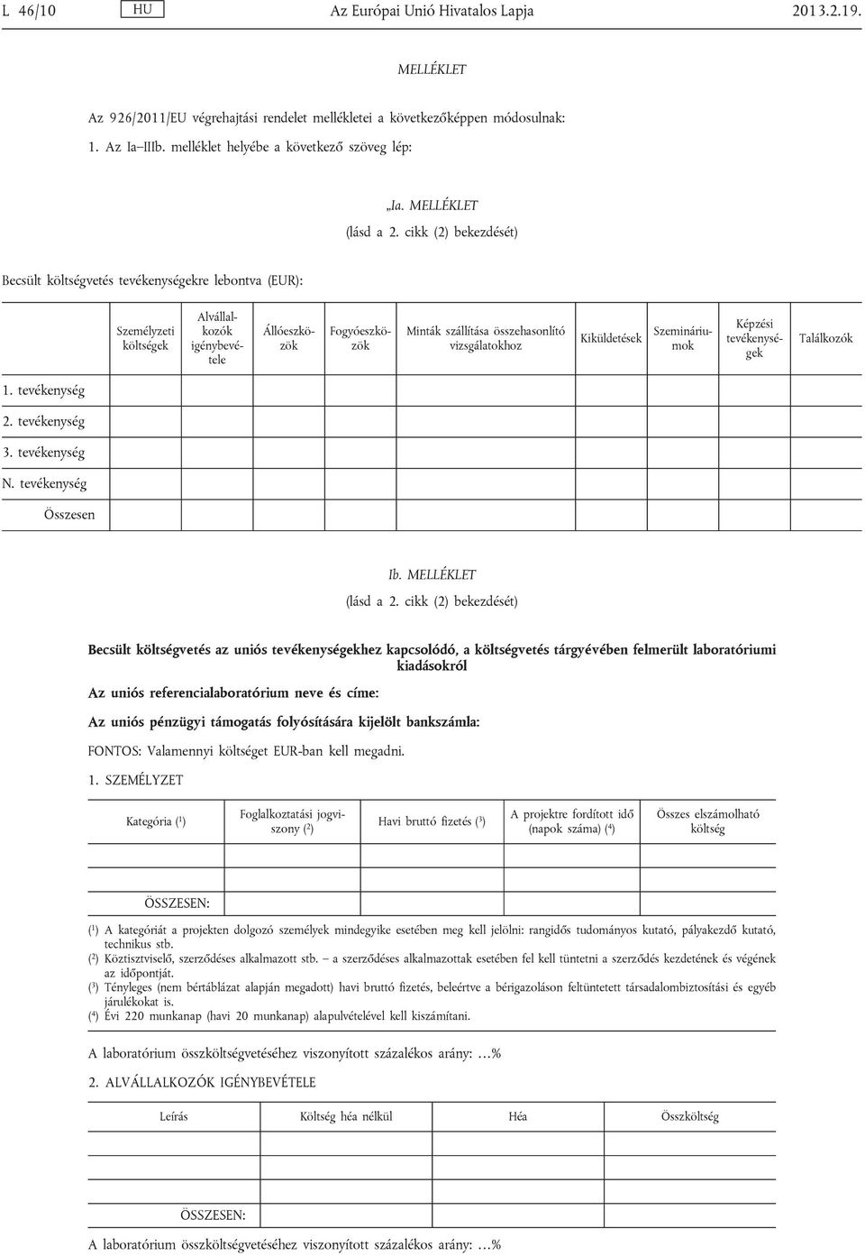 cikk (2) bekezdését) Becsült költségvetés tevékenységekre lebontva (EUR): Személyzeti költségek Alvállal kozók igénybevé tele Állóeszkö zök Fogyóeszkö zök Minták szállítása összehasonlító